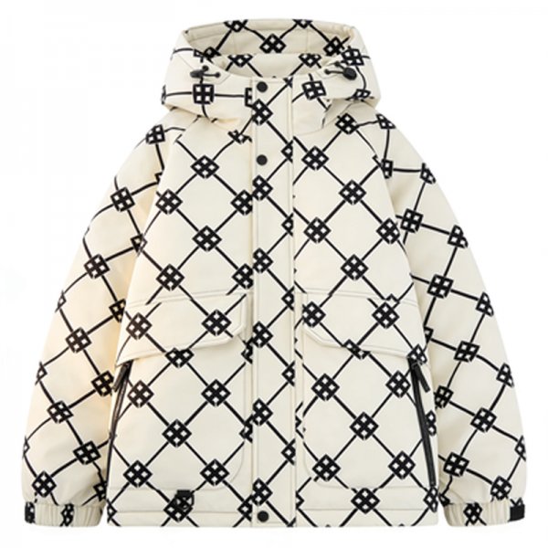 Geometric Print Puffer Jacket with Adjustable Hood
