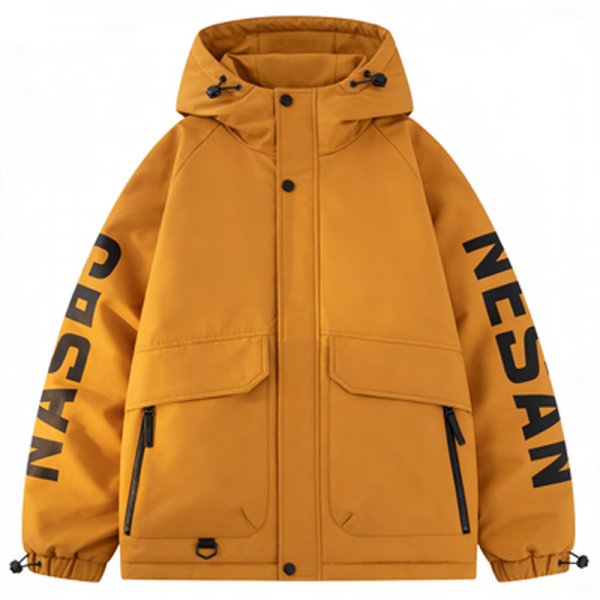 Bold Orange Puffer with Graphic Sleeves